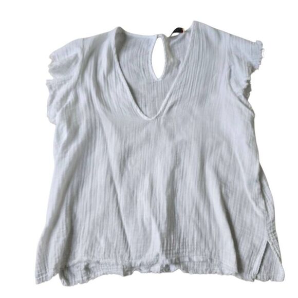 Stark x Gauzy Top Women's Small White Frayed Short Sleeve 100% Cotton Blouse - Picture 1 of 8
